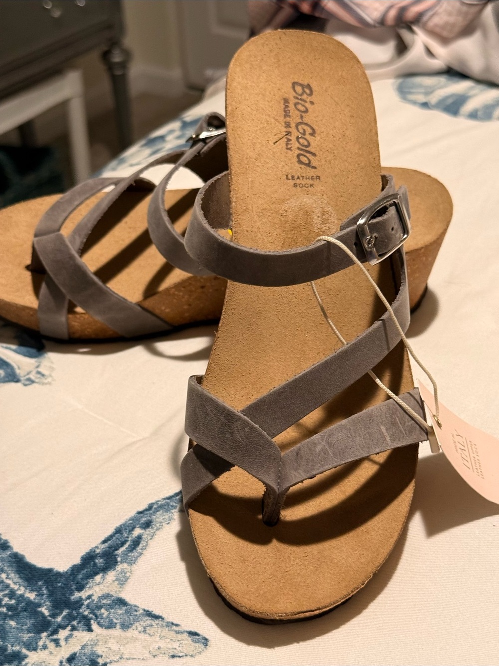 Bio-Gold Gray Suede Cork Wedge Sandals with Adjustable Buckle